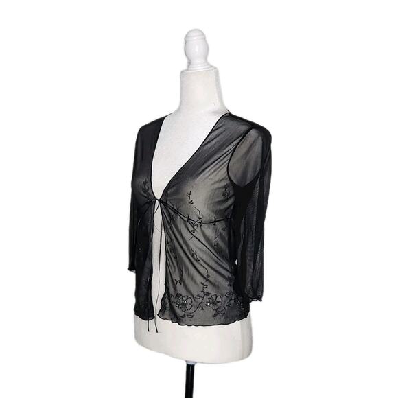 To The Moon Vtg Y2K Sheer Mesh Tie Up Overlay Top Black Glitter Flowers Size M - Picture 2 of 10